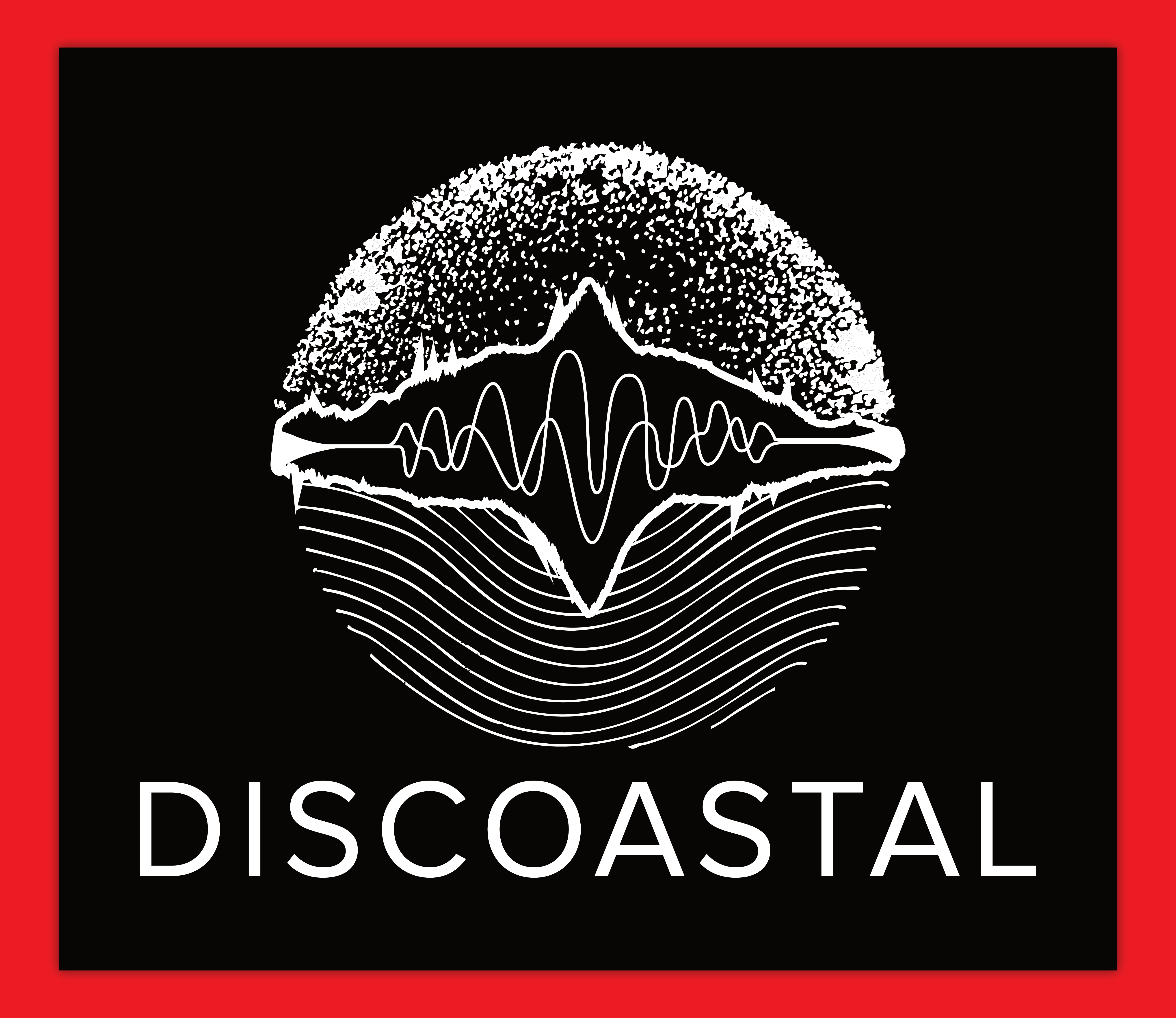 Black-and-white logo for Discoastal Culture Collective featuring an abstract circular form. A waveform runs horizontally through the center, intersecting layered lines and textured shapes that resemble sound waves, terrain, or a horizon. The word “Discoastal” appears below the graphic in clean, uppercase lettering.