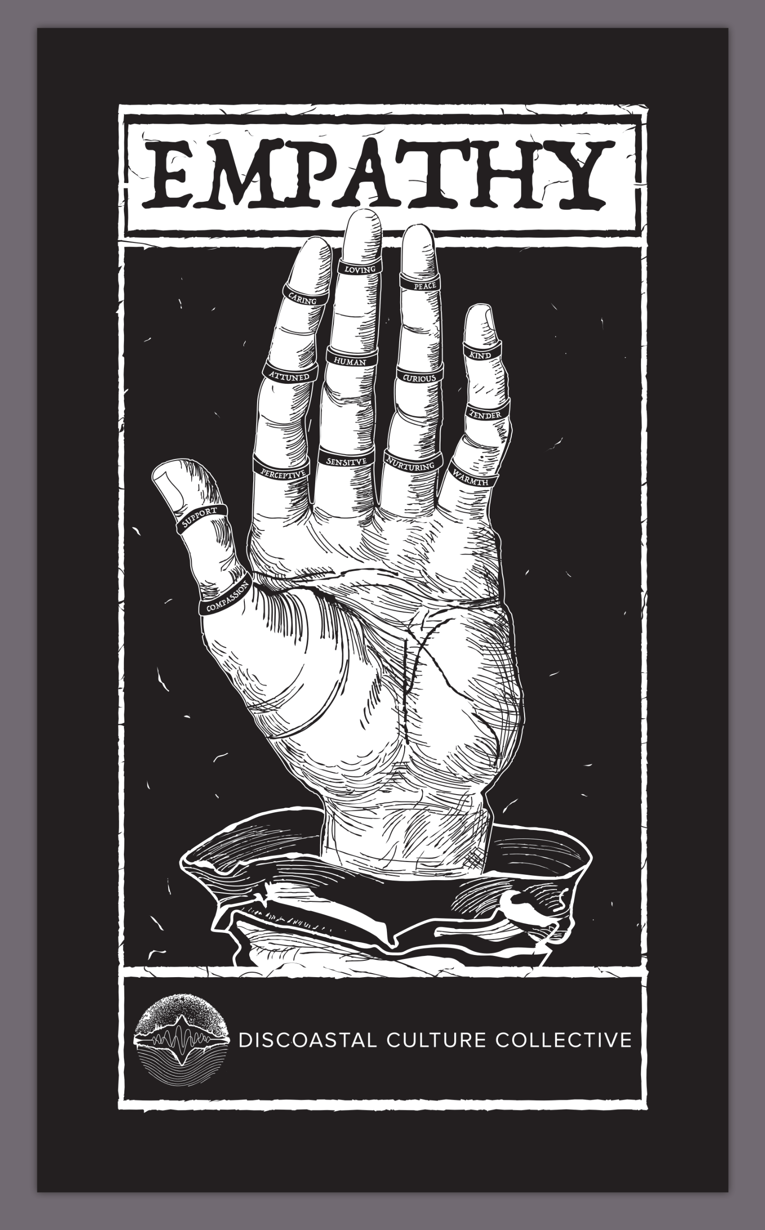 Black-and-white illustrated poster featuring an open human hand rising from an open book. Each finger is labeled with qualities associated with empathy, such as curiosity, care, sensitivity, and compassion. The word “Empathy” appears at the top, with Discoastal Culture Collective branding at the bottom.
