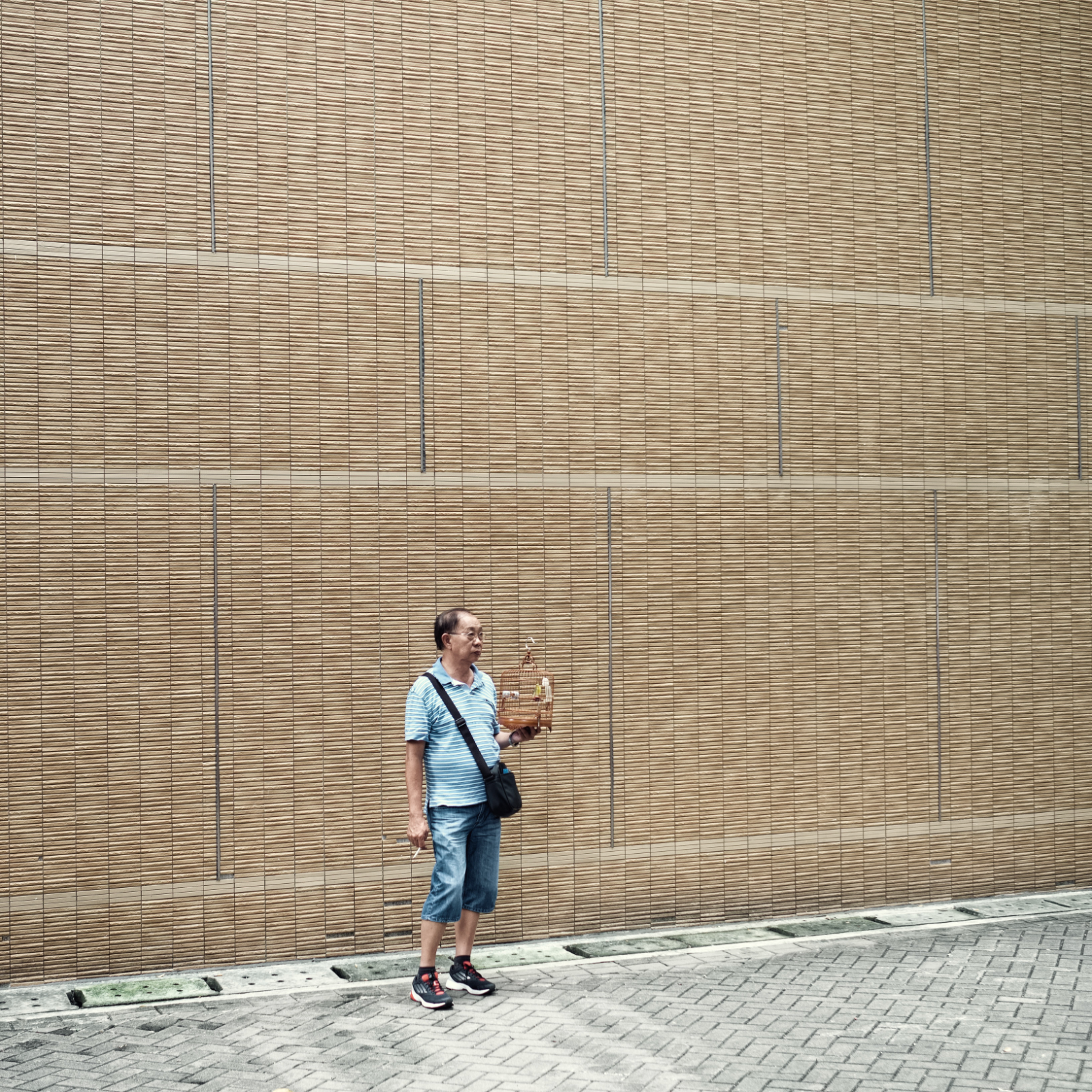 Man standing against a textured wall holding a birdcage