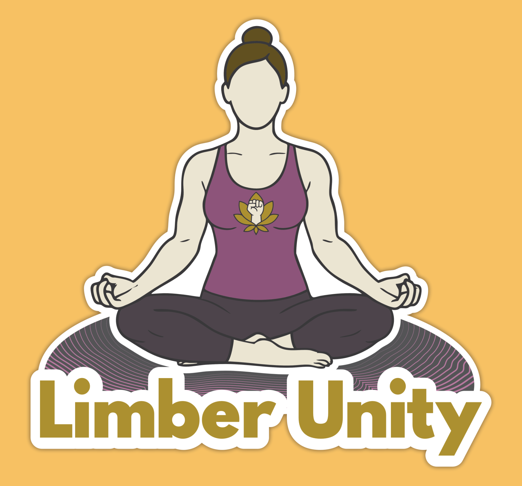 Illustrated logo featuring a seated, meditating figure in a lotus position. A small raised fist appears at the center of the chest over a lotus symbol. The figure sits atop layered, wave-like lines. The words “Limber Unity” appear below in bold lettering.