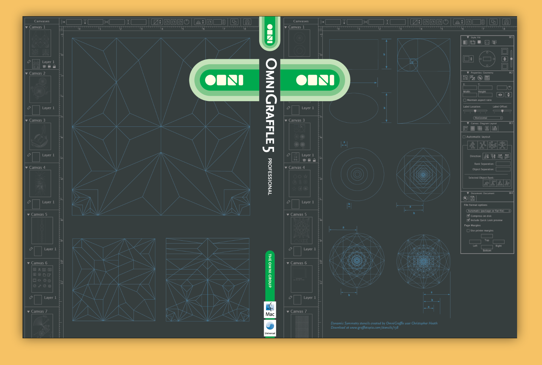 Folding insert from the OmniGraffle 5 Professional box, showing detailed interface diagrams and geometric layouts.