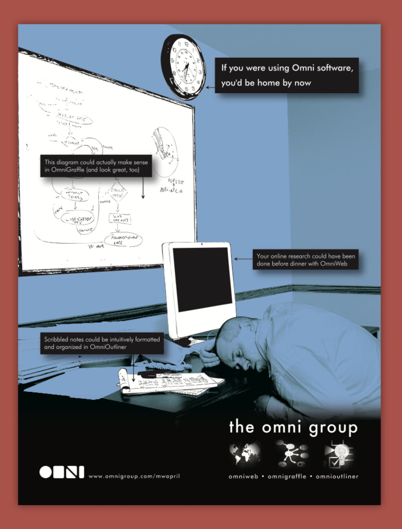 Full-page Macworld magazine ad showing a man asleep at his desk late at night, surrounded by notes, a whiteboard diagram, and a computer. Callouts point to OmniOutliner, OmniGraffle, and OmniWeb, suggesting each task could have been finished earlier using Omni software.