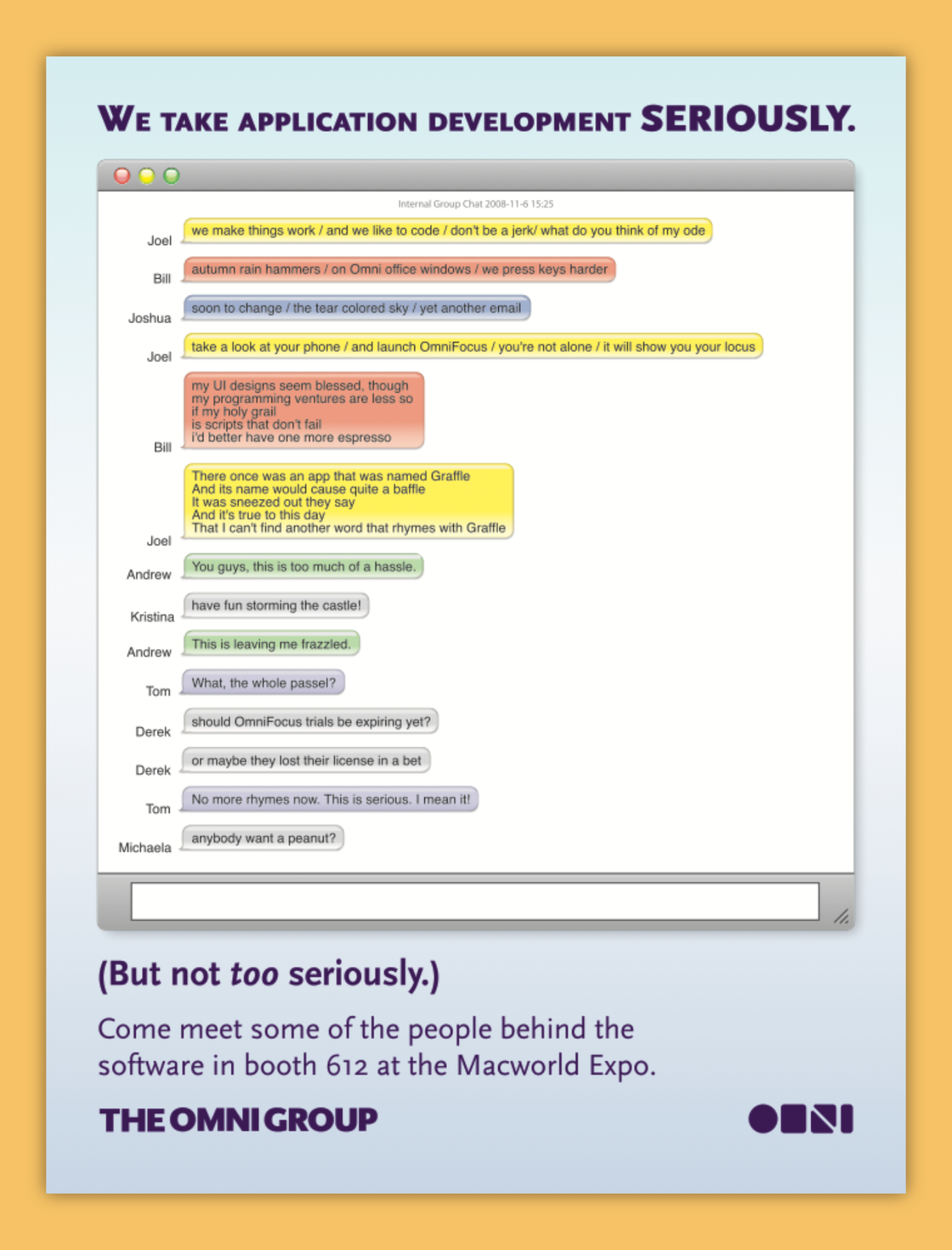 Full-page Macworld magazine ad showing a mock internal group chat filled with humorous messages under the headline “We take application development seriously.”