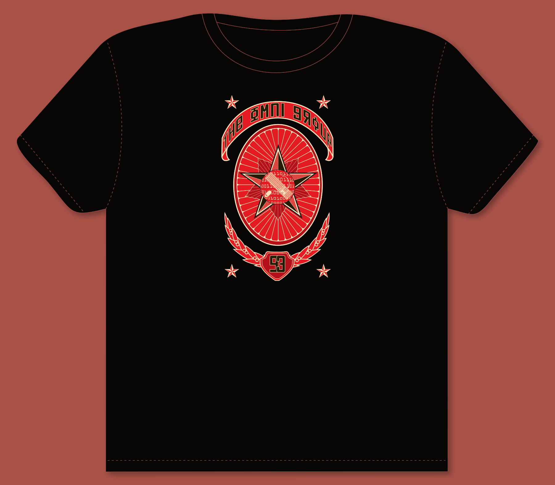 Black t-shirt featuring a centered red-and-white badge-style emblem inspired by vintage propaganda and heraldic graphics. The design includes a star, geometric patterns, and decorative elements arranged in a symmetrical, crest-like layout with “The Omni Group” text.