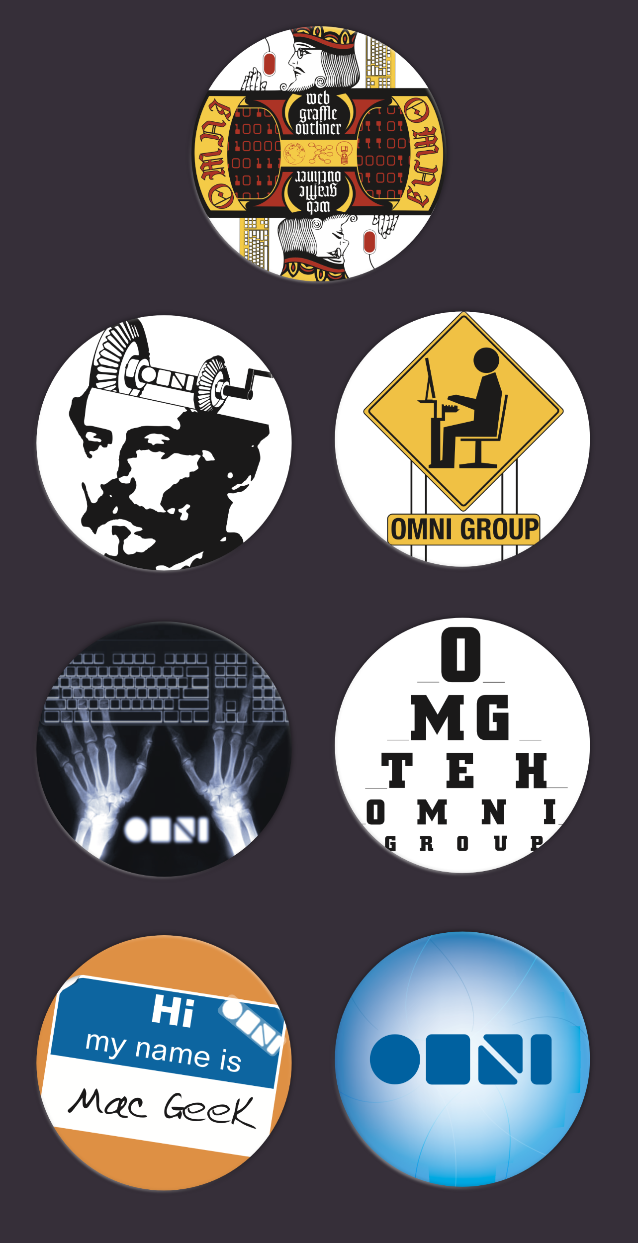 Collection of circular pin-back buttons displayed together, each featuring a different graphic or typographic design related to The Omni Group. Designs include abstract logos, playful text, symbolic illustrations, and software-themed imagery in a variety of color palettes.