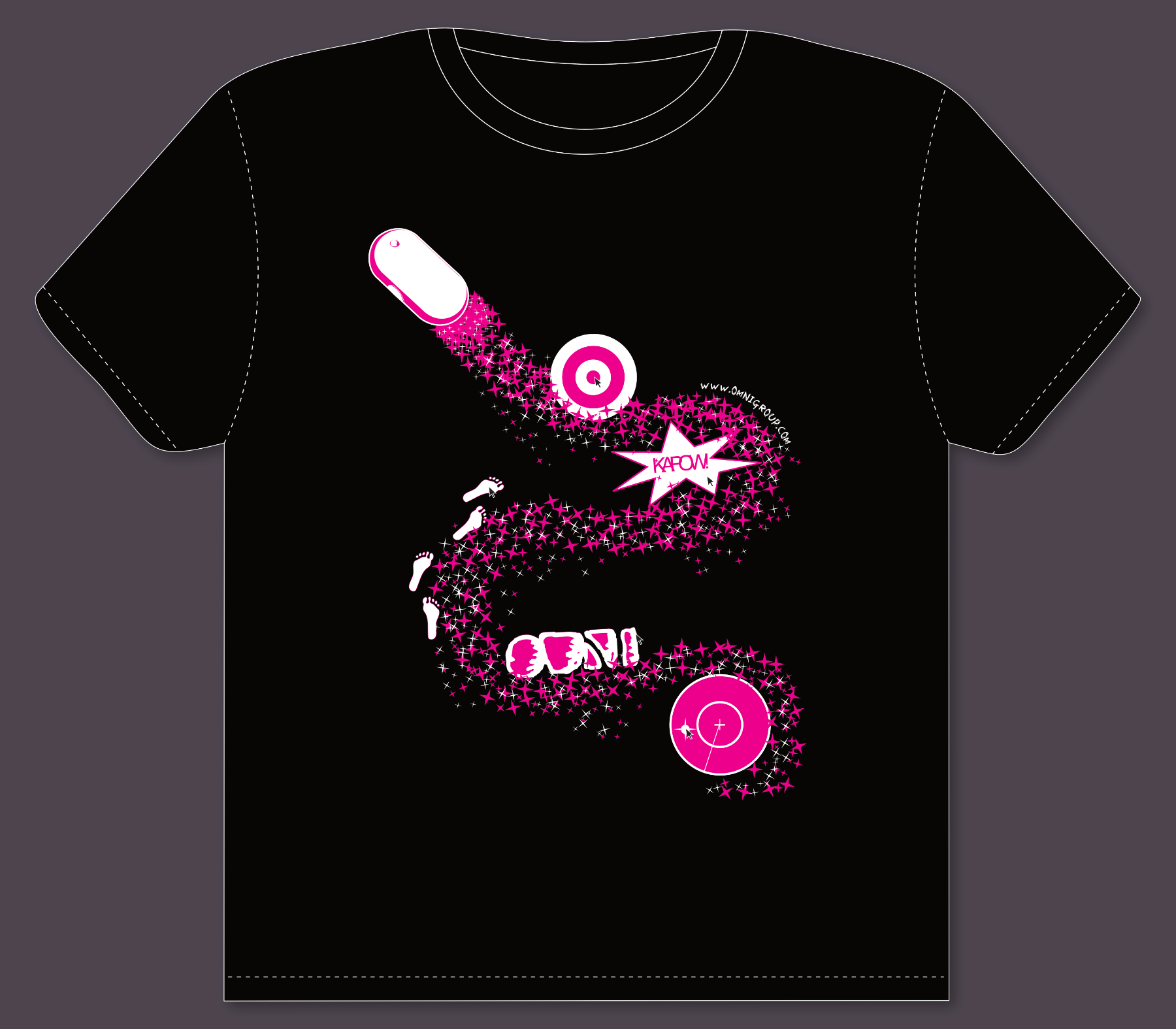Black t-shirt featuring a bright pink and white graphic composed of sparkles, targets, footprints, and comic-style elements. The design forms a loose, swirling path across the shirt, evoking motion, playfulness, and visual noise.