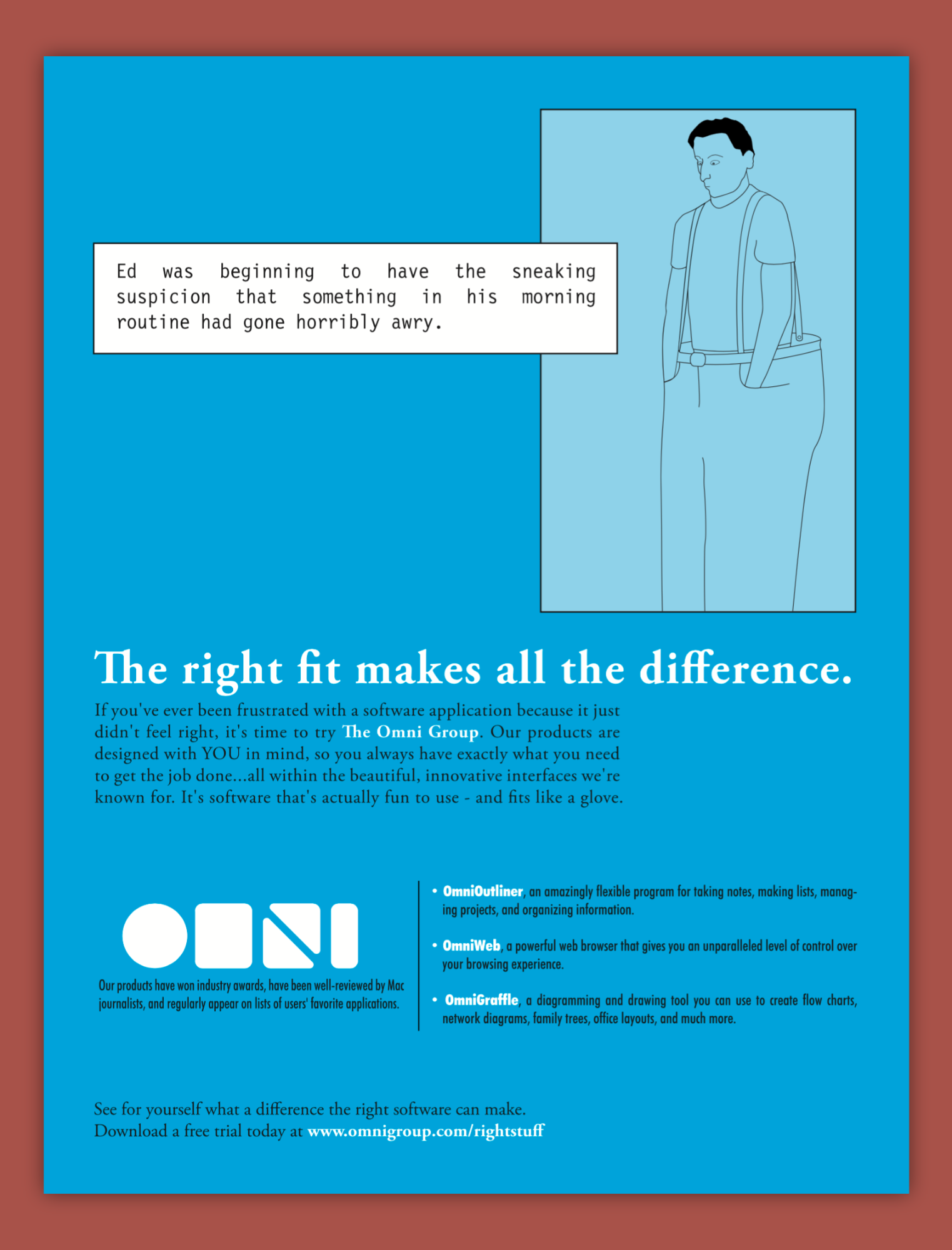 Full-page Macworld magazine ad featuring a minimal illustration of a man standing stiffly against a blue background, paired with text describing his suspicion that something in his routine has gone wrong. Headline reads, “The right fit makes all the difference.