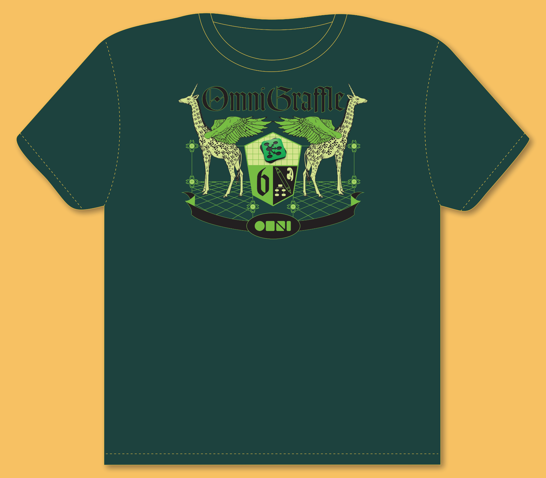 Dark green t-shirt featuring a central crest-style illustration with two mirrored giraffes flanking a geometric shield. The word “OmniGraffle” appears above the illustration, with grid patterns and decorative elements reinforcing a playful, emblematic design.