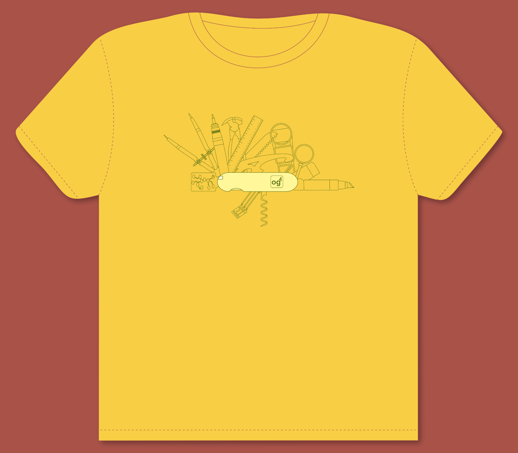 Yellow t-shirt featuring a central illustration inspired by a Swiss Army knife. Multiple drafting and design tools radiate outward from a compact central form labeled with the OmniGraffle icon, suggesting versatility and multi-purpose functionality.