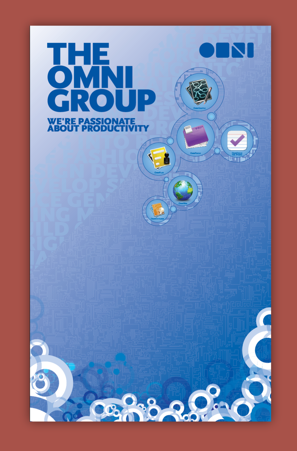 Large vertical booth graphic for The Omni Group featuring bold blue typography reading “The Omni Group” and “We’re Passionate About Productivity,” with circular icons representing Omni products connected in a flowing diagram over a blue, circuit-like background.