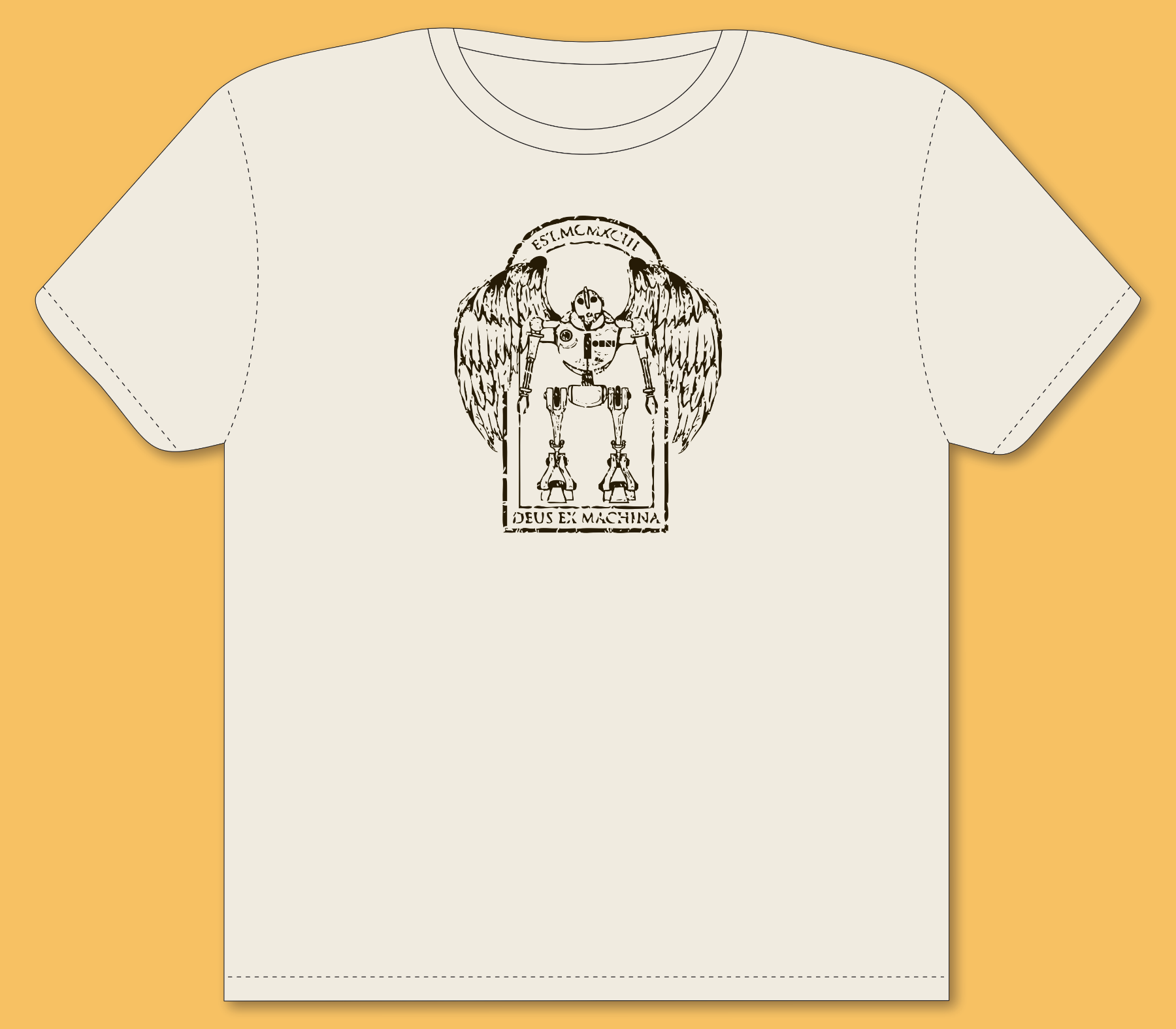 Light-colored t-shirt featuring a central black line illustration of a winged robot standing upright within an arched frame. The words “Deus Ex Machina” appear beneath the figure, referencing classical and religious imagery blended with robotics.