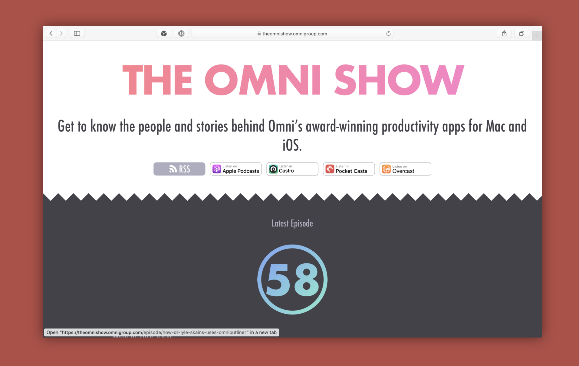 The Omni Show podcast homepage featuring the title, tagline, and links to podcast platforms.