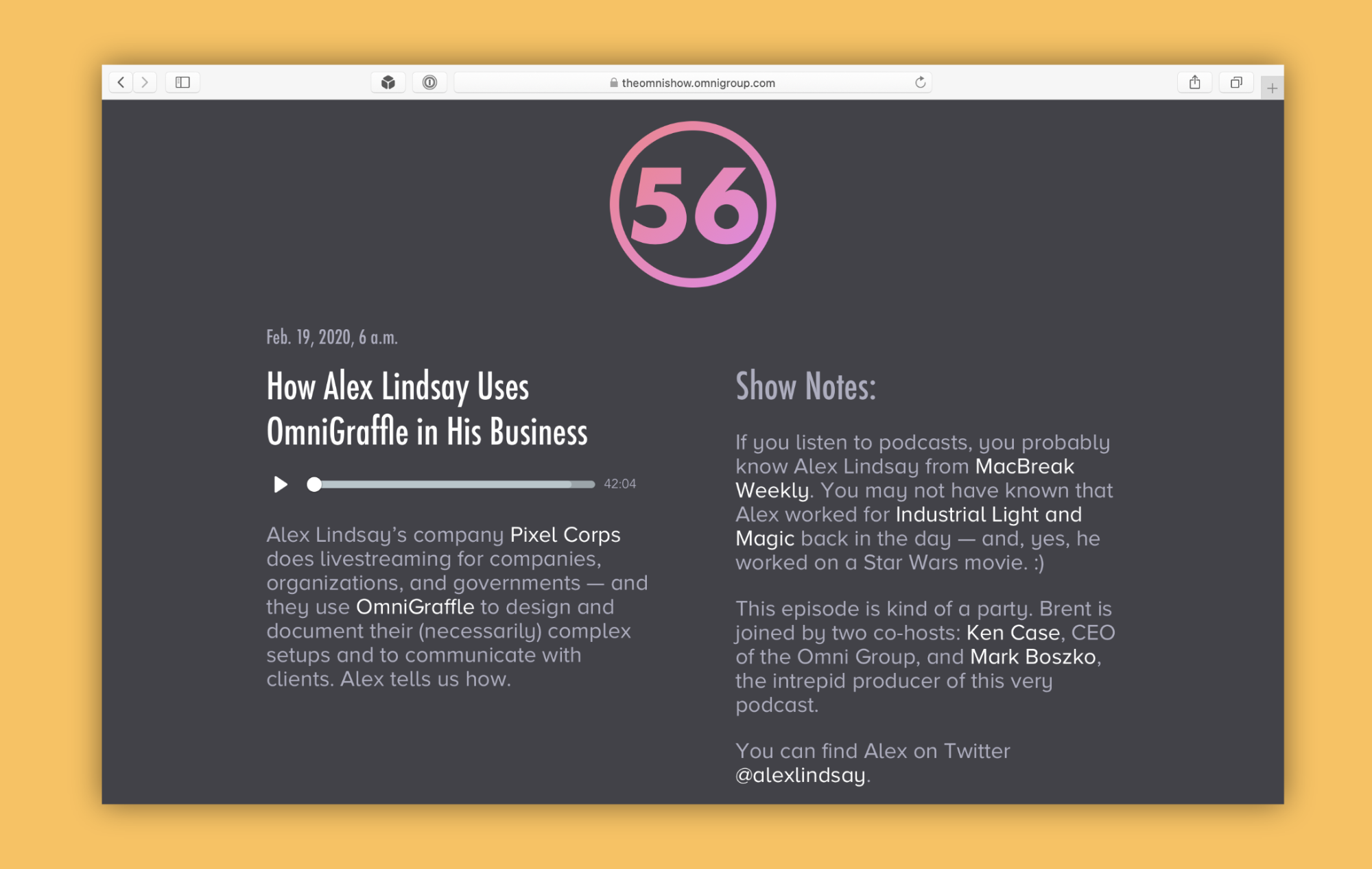 An episode detail page from The Omni Show, showing the audio player and show notes layout.