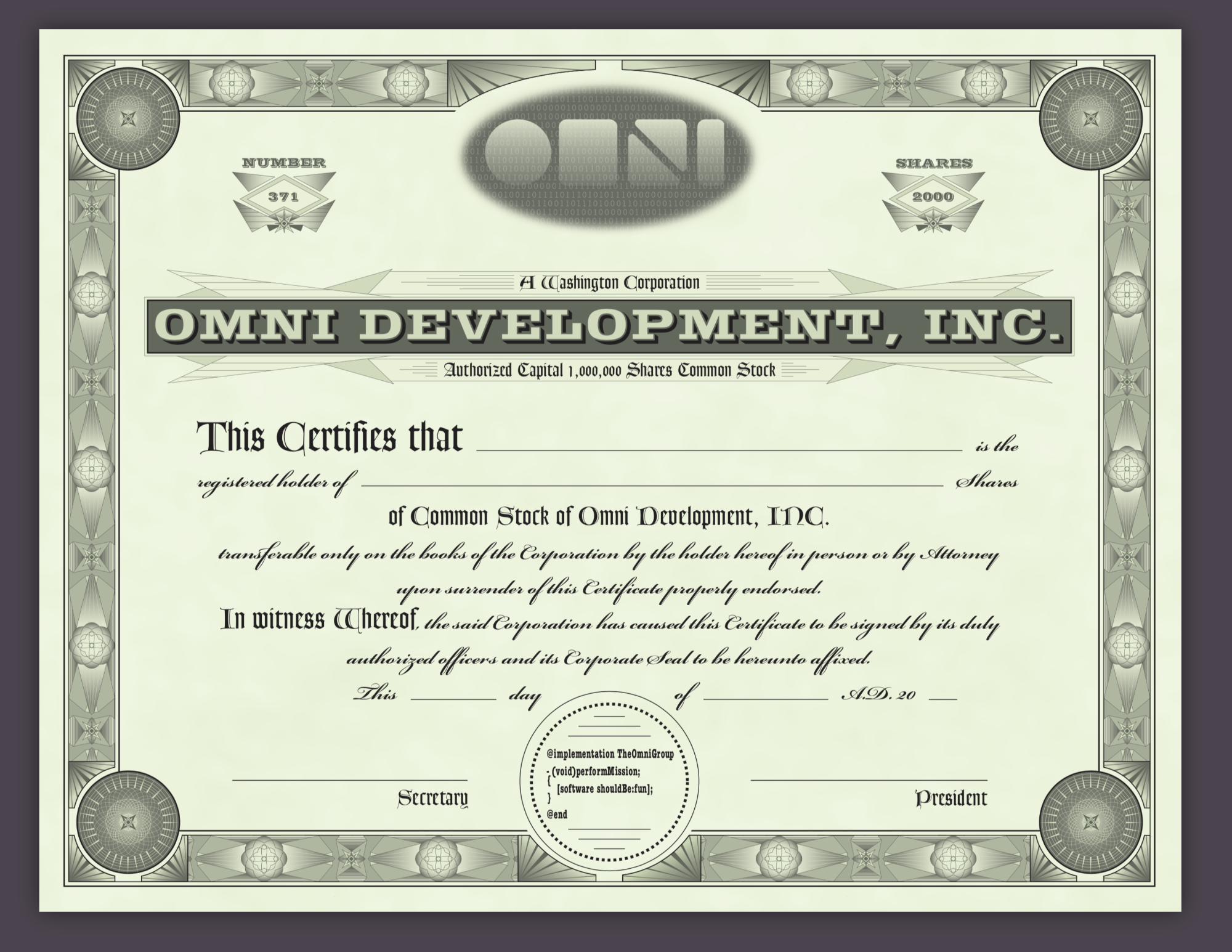 Decorative stock certificate for Omni Development, Inc., featuring ornate borders, geometric patterns, formal typography, and seal elements. The design uses a muted green palette and references traditional engraved financial documents with subtle modern and technical details.