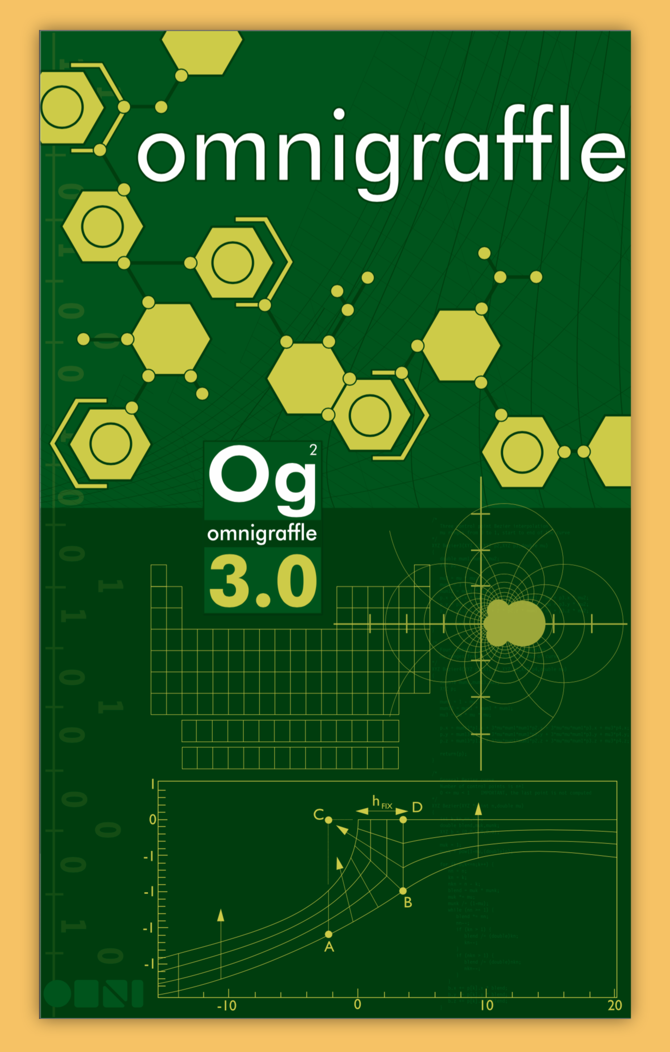 Vertical Macworld booth graphic for OmniGraffle 3.0 with a green background, hexagonal molecular-style shapes, grid overlays, and technical diagrams. The word “omnigraffle” appears prominently at the top.
