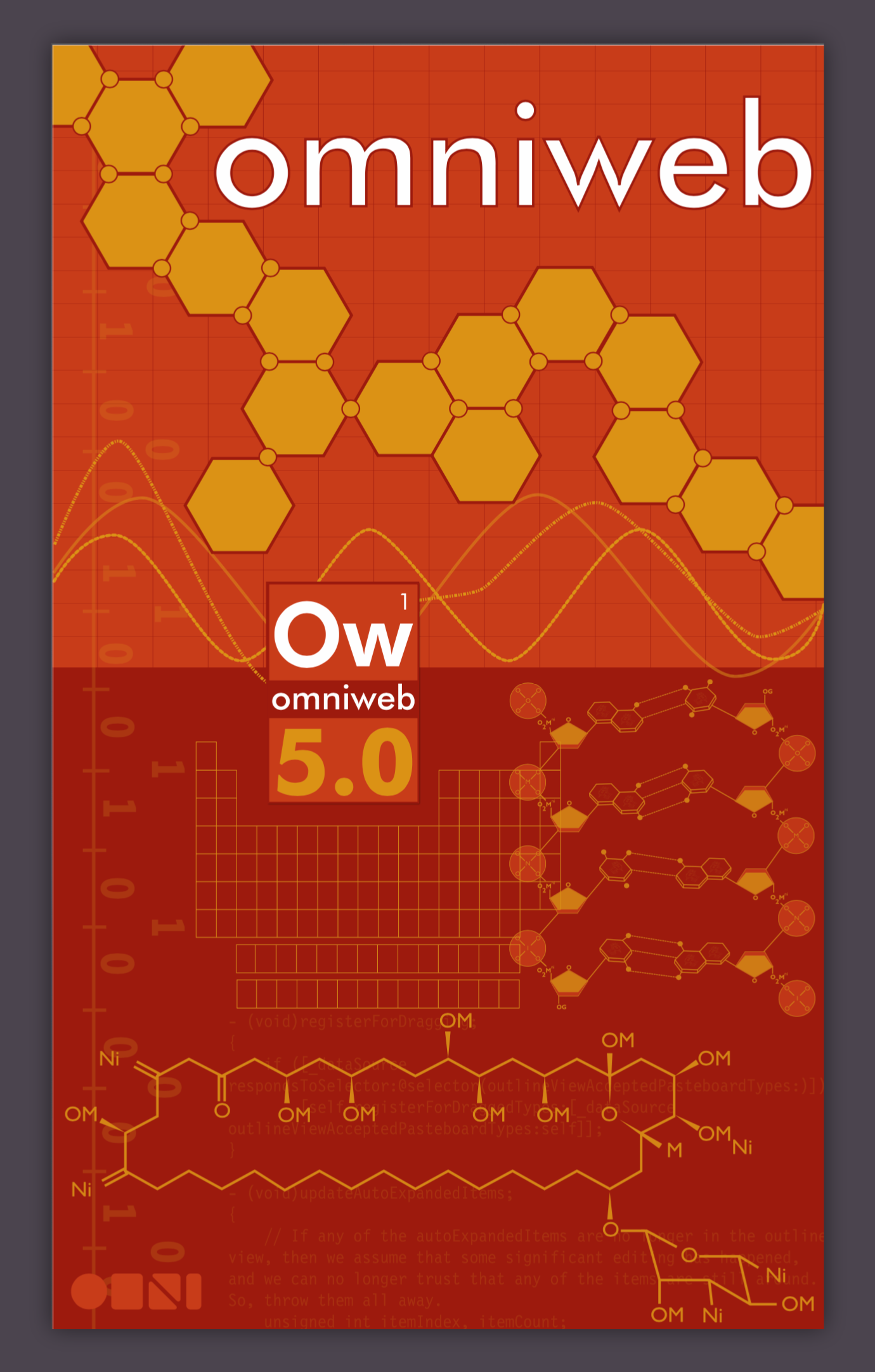 Vertical Macworld booth graphic for OmniWeb 5.0 featuring a red background with hexagonal chains, waveform graphs, and chemical-style diagrams. The word “omniweb” appears at the top in white type.