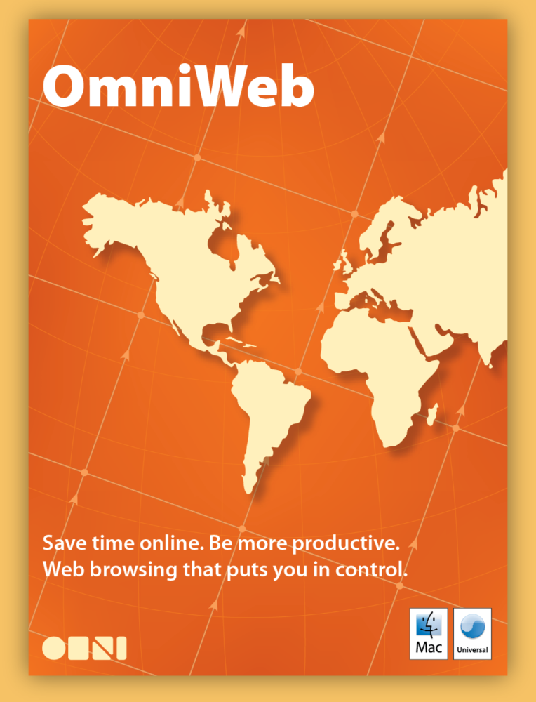 Front of the OmniWeb software box featuring an orange world map graphic and productivity-focused messaging.